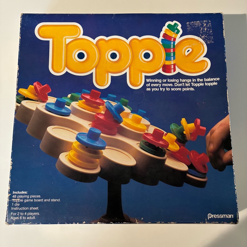 Vintage Topple Board Game by Pressman 9000 Family Fun 1985 *missing 2 pcs